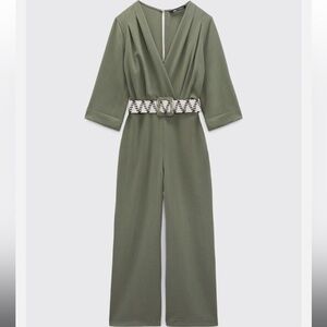 Zara Dark Green Khaki Belted Jumpsuit